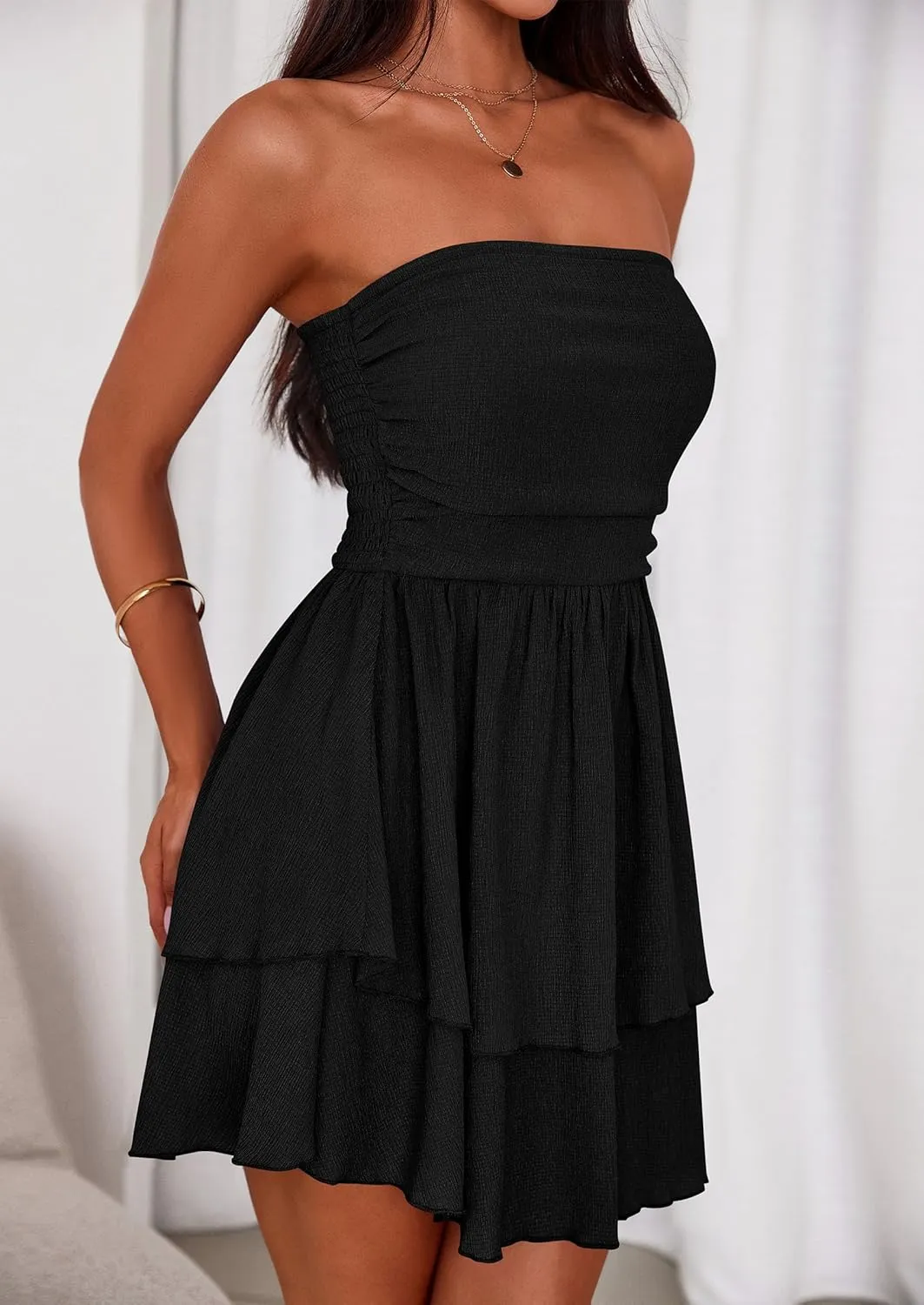 PRETTYGARDEN Women's 2025 Summer Strapless Tube Mini Dress Off Shoulder Smocked Ruffle A Line Flowy Short Party Club Dresses