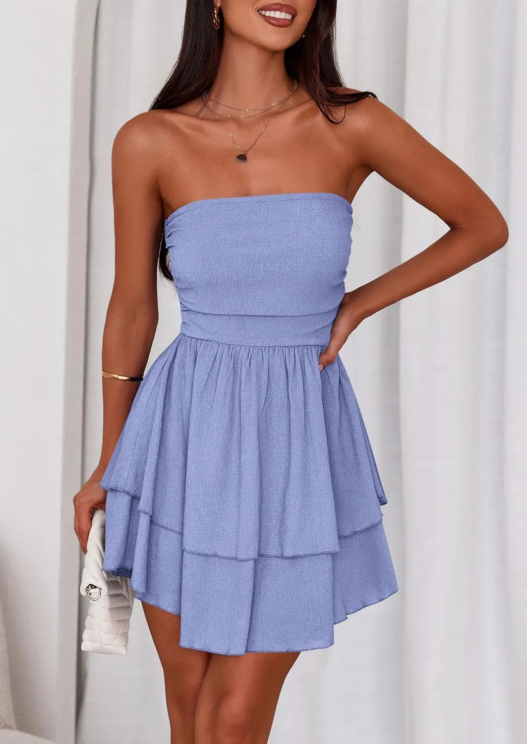 PRETTYGARDEN Women's 2025 Summer Strapless Tube Mini Dress Off Shoulder Smocked Ruffle A Line Flowy Short Party Club Dresses