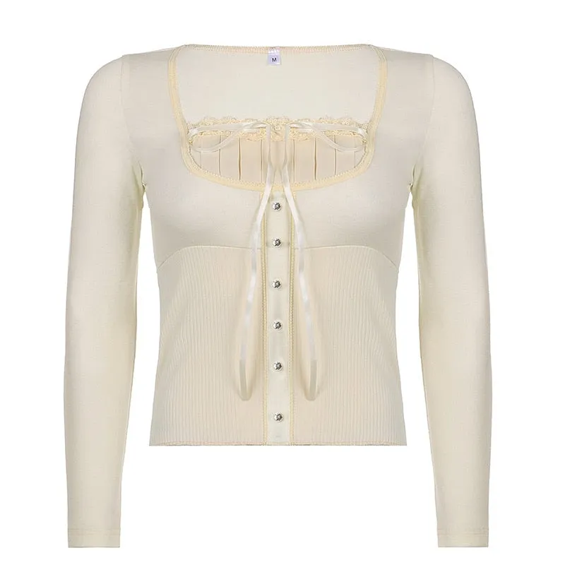Purpdrank - Y2k Female Elegant Knitted T-shirt Woman lace trim retro sweet square neck T-shirt Street Pleated Casual Slim Long sleeve Top