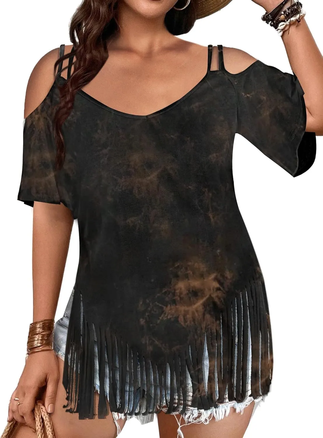 Remidoo Fringe Tops for Womens Bell Short Sleeve Sexy V Neck Oversized T Shirt