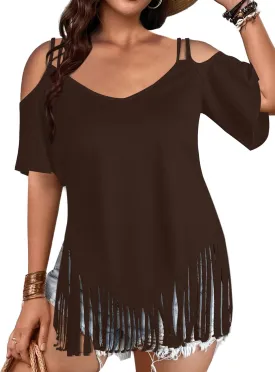 Remidoo Fringe Tops for Womens Bell Short Sleeve Sexy V Neck Oversized T Shirt