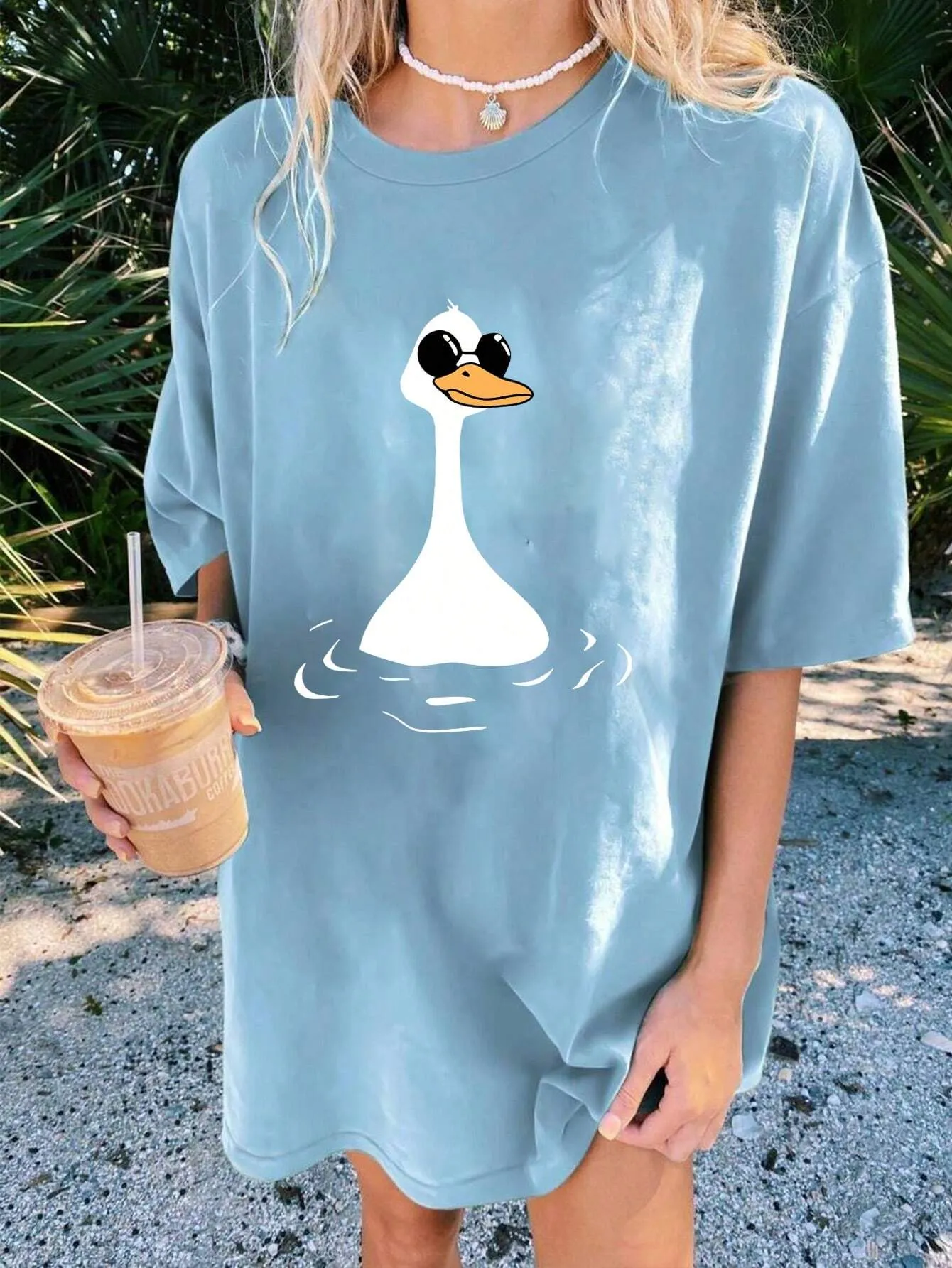 SHEIN EZwear Round Neck Cartoon Duck Printed Loose T-Shirt