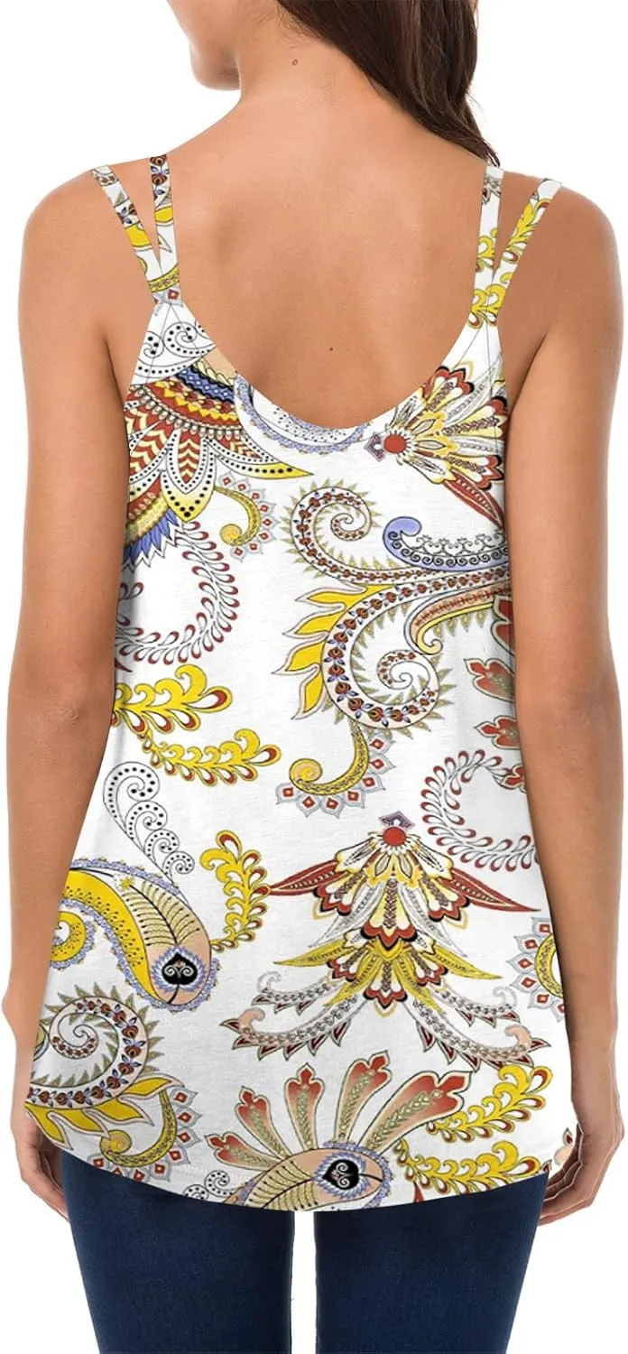 Soesdemo Dressy Tank Top for Women Casual Summer Floral Rhinestones Spaghetti Strap V Neck Sleeveless Tunic for Leggings