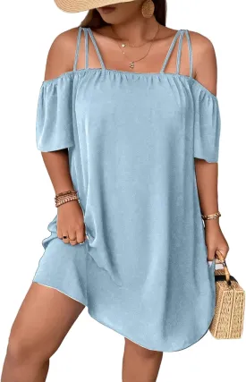 SOLY HUX Women's Plus Size Dresses Off Shoulder Short Sleeve Short Dresses Causal Loose Tunic Summer Dress