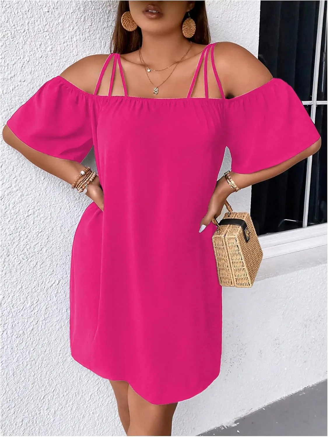 SOLY HUX Women's Plus Size Dresses Off Shoulder Short Sleeve Short Dresses Causal Loose Tunic Summer Dress