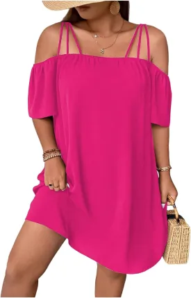 SOLY HUX Women's Plus Size Dresses Off Shoulder Short Sleeve Short Dresses Causal Loose Tunic Summer Dress
