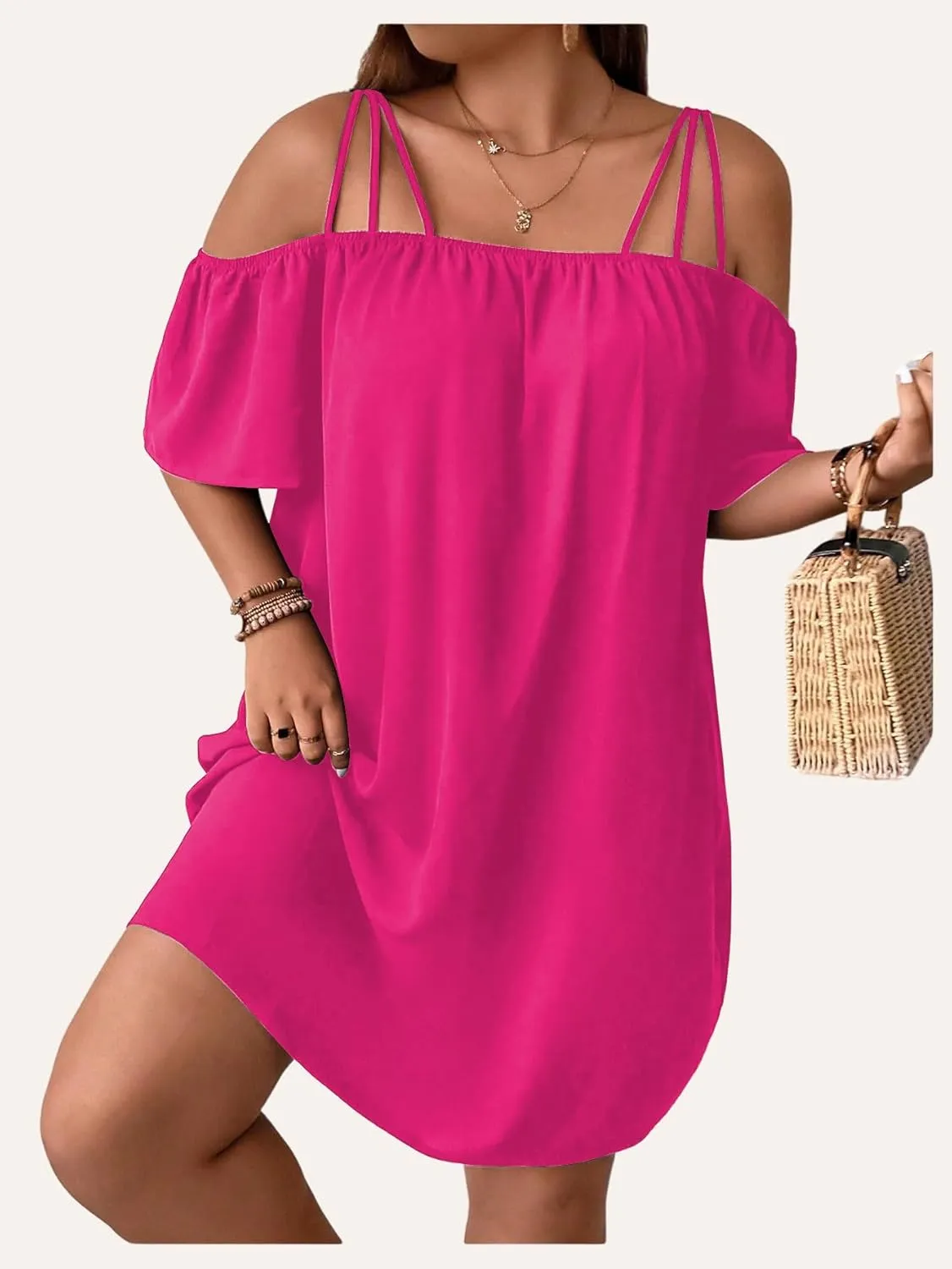 SOLY HUX Women's Plus Size Dresses Off Shoulder Short Sleeve Short Dresses Causal Loose Tunic Summer Dress