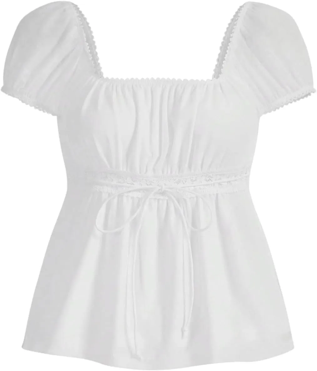 SOLY HUX Women's Square Neck Short Sleeve Peplum Tops Tie Front Summer Tee Shirt Streetwear