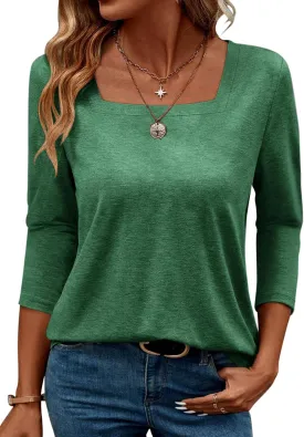 TICTICMIMI Women's Square Neck 3/4 Sleeve Tops Casual Pullover T Shirts Summer Basic Loose Fit Tunic Blouse