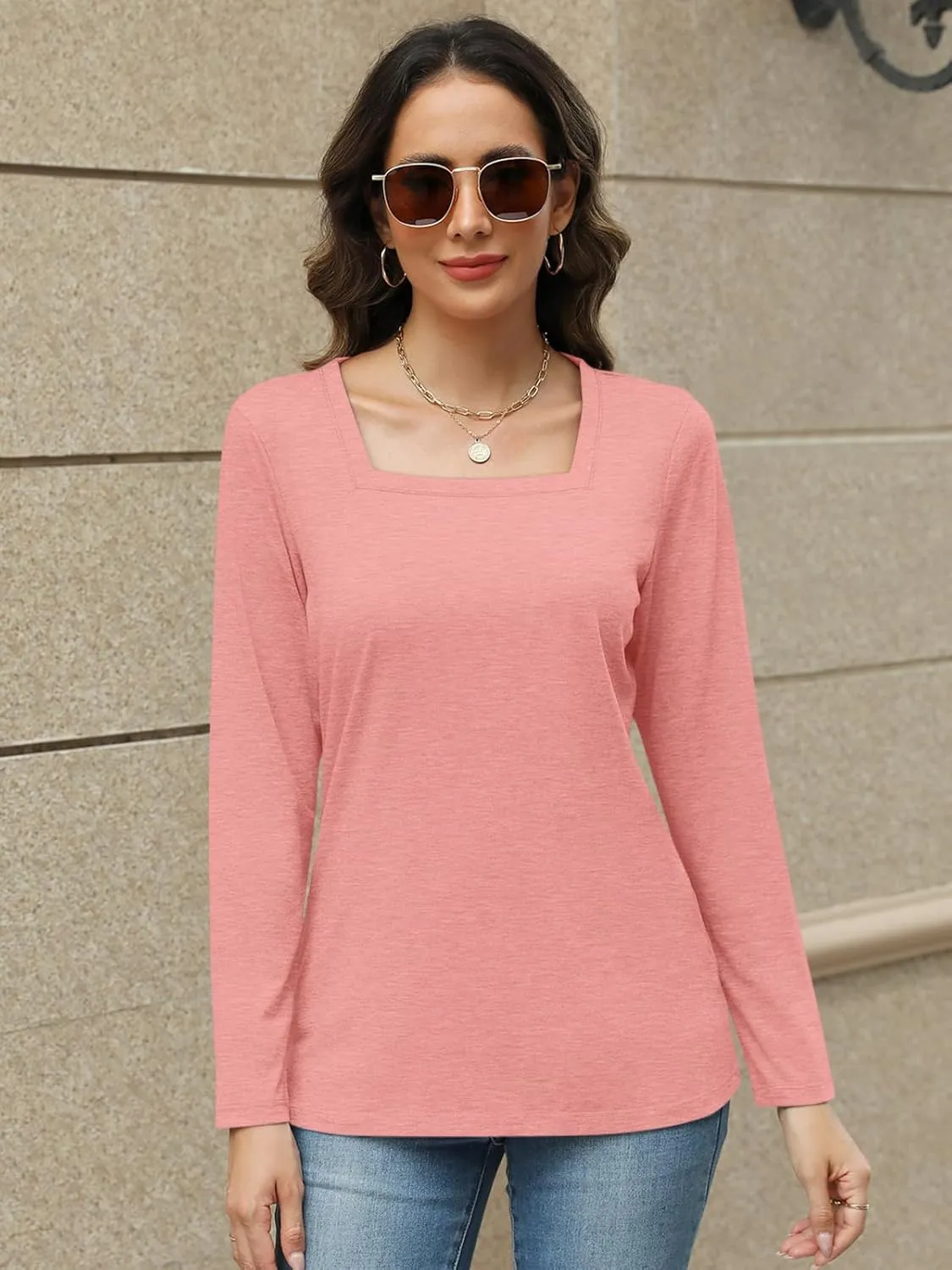 TICTICMIMI Women's Square Neck Long Sleeve Tops Casual T Shirts Loose Fit Lightweight Tunic Blouse Shirts