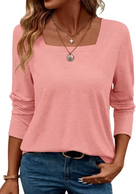 TICTICMIMI Women's Square Neck Long Sleeve Tops Casual T Shirts Loose Fit Lightweight Tunic Blouse Shirts