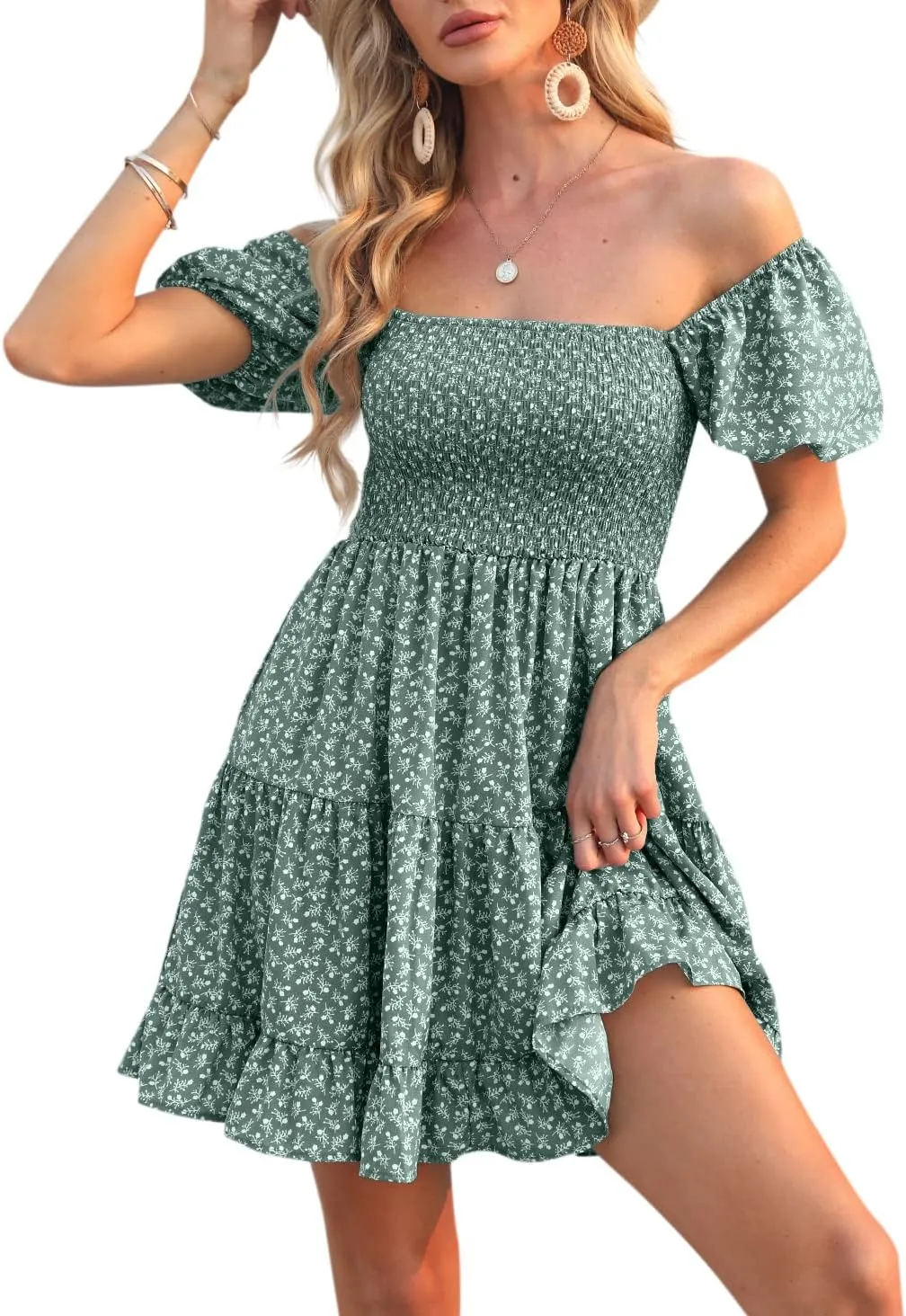 Veatzaer Women's Puff Sleeve Square Neck Smocked Babydoll Dress Boho Floral Print Off Shoulder Ruffle Mini Short Dress