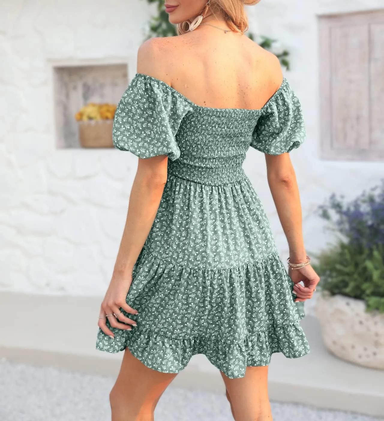 Veatzaer Women's Puff Sleeve Square Neck Smocked Babydoll Dress Boho Floral Print Off Shoulder Ruffle Mini Short Dress
