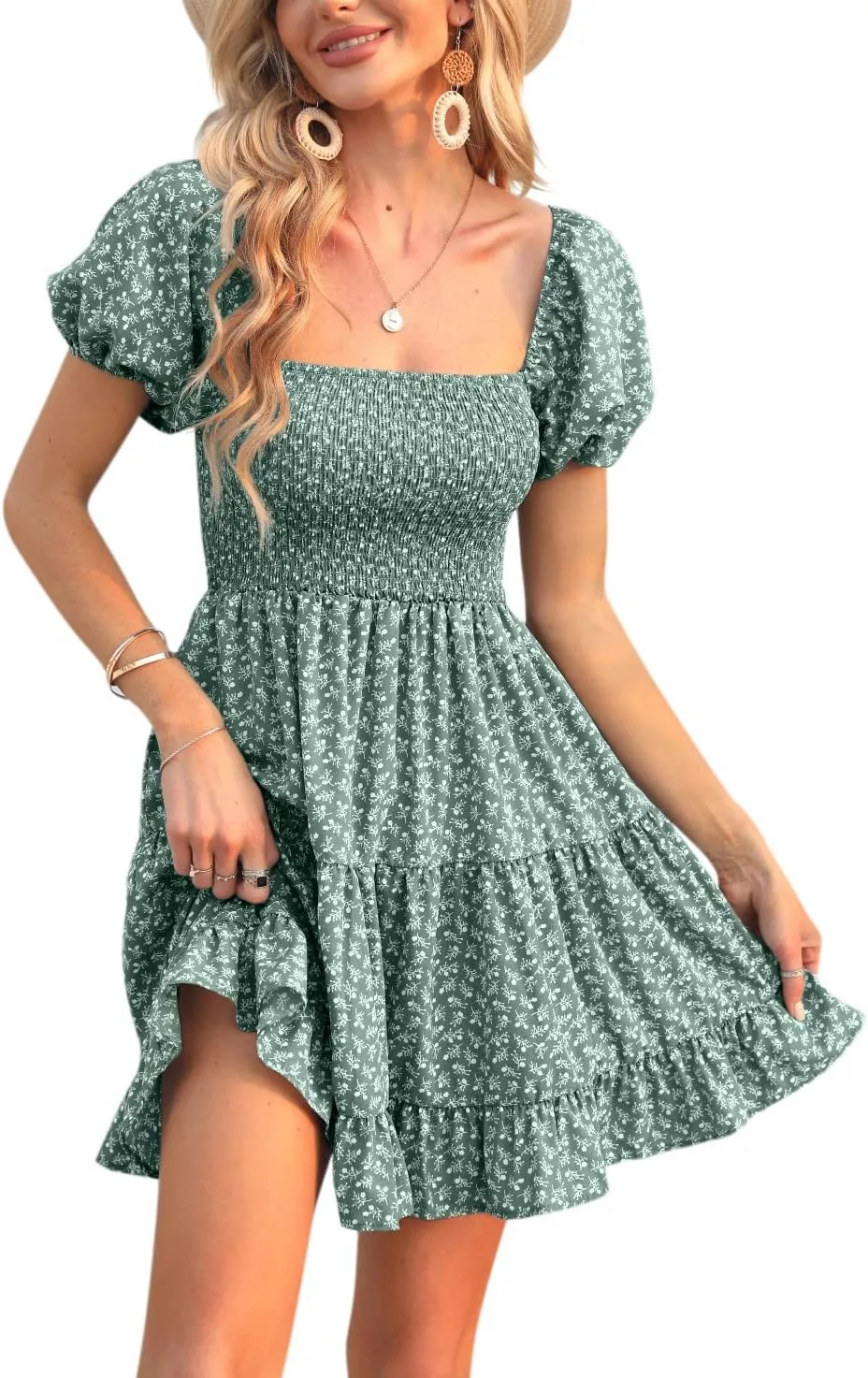 Veatzaer Women's Puff Sleeve Square Neck Smocked Babydoll Dress Boho Floral Print Off Shoulder Ruffle Mini Short Dress