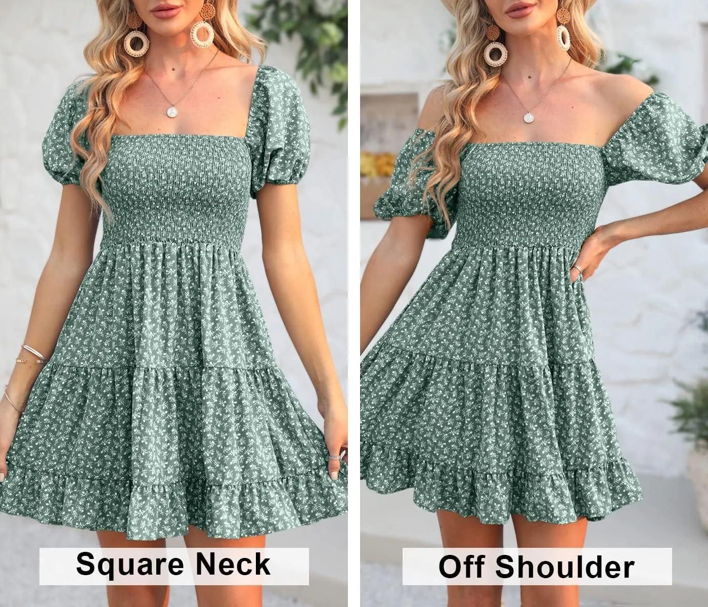 Veatzaer Women's Puff Sleeve Square Neck Smocked Babydoll Dress Boho Floral Print Off Shoulder Ruffle Mini Short Dress