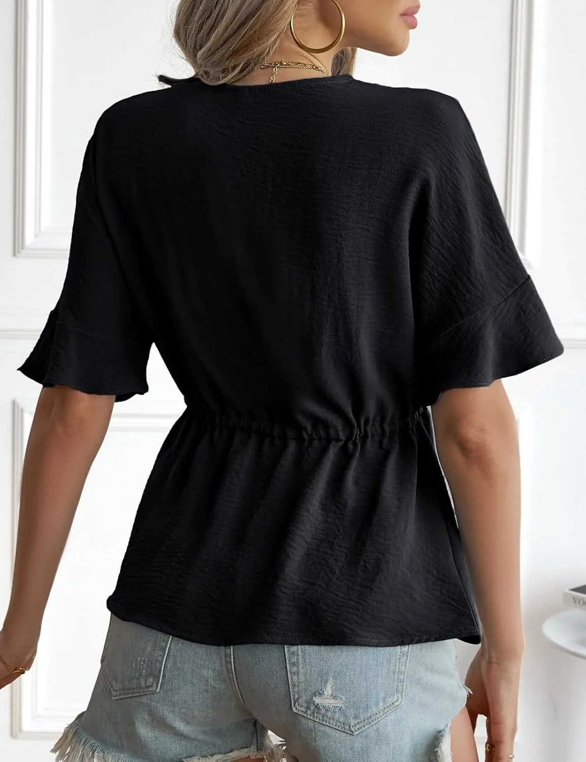 VIMPUNEC Womens Summer Tops Dressy Casual Short Sleeve Blouses Trendy Peplum Tie Front Shirts