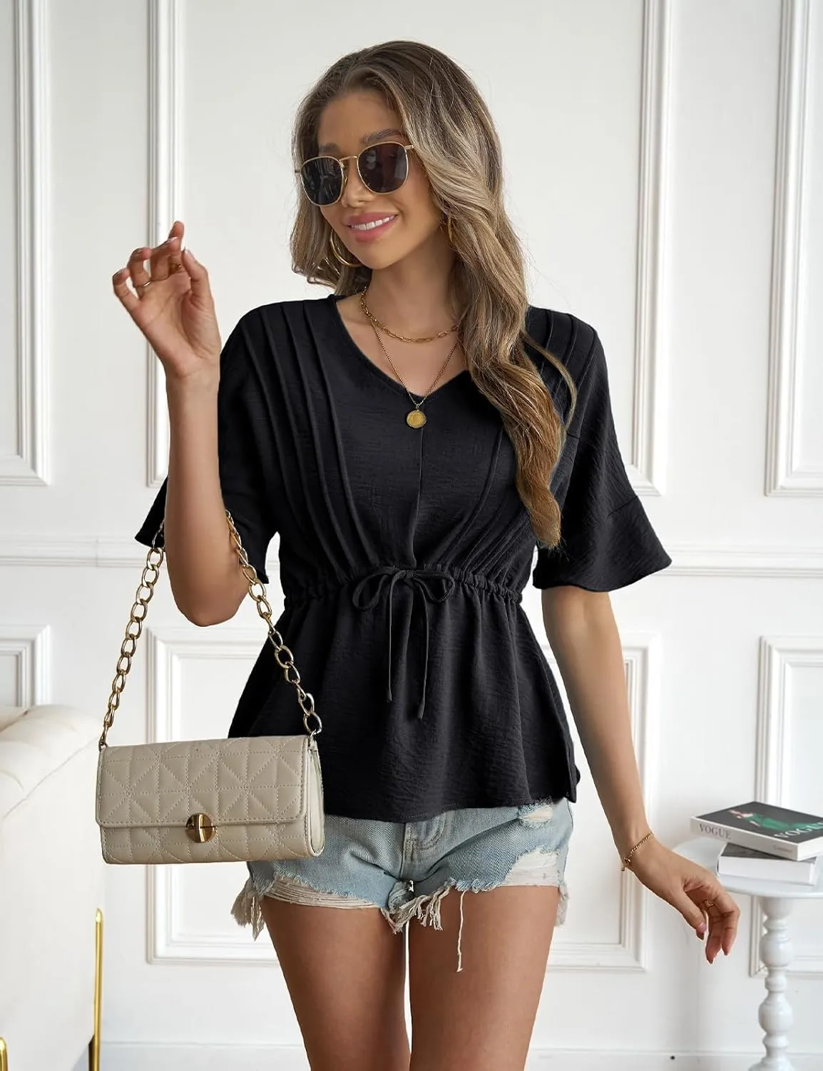 VIMPUNEC Womens Summer Tops Dressy Casual Short Sleeve Blouses Trendy Peplum Tie Front Shirts