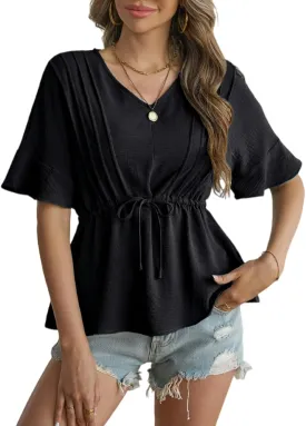 VIMPUNEC Womens Summer Tops Dressy Casual Short Sleeve Blouses Trendy Peplum Tie Front Shirts