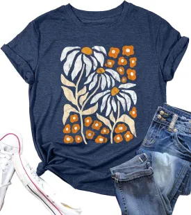 Vintage Flowers Tshirt Women Boho Distressed Wildflowers Graphic Tee Casual Short Sleeve Nature Shirts Tops