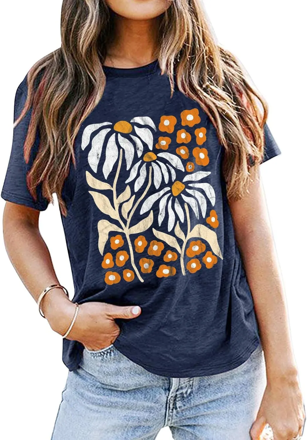 Vintage Flowers Tshirt Women Boho Distressed Wildflowers Graphic Tee Casual Short Sleeve Nature Shirts Tops