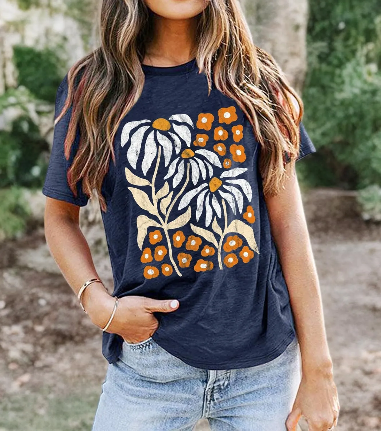 Vintage Flowers Tshirt Women Boho Distressed Wildflowers Graphic Tee Casual Short Sleeve Nature Shirts Tops