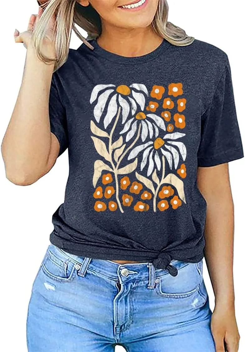 Vintage Flowers Tshirt Women Boho Distressed Wildflowers Graphic Tee Casual Short Sleeve Nature Shirts Tops