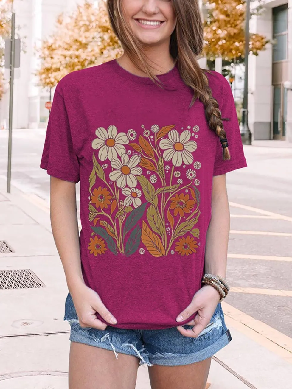 Women Boho Wildflower Shirts Funny Flower Plant T Shirt Cute Daisy Graphic Tees Short Sleev Vacation Tops
