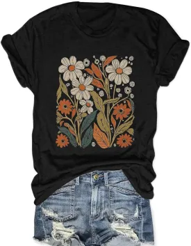 Women Boho Wildflower Shirts Funny Flower Plant T Shirt Cute Daisy Graphic Tees Short Sleev Vacation Tops