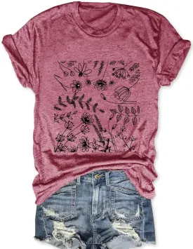 Women Boho Wildflower Shirts Funny Flower Plant T Shirt Cute Daisy Graphic Tees Short Sleev Vacation Tops