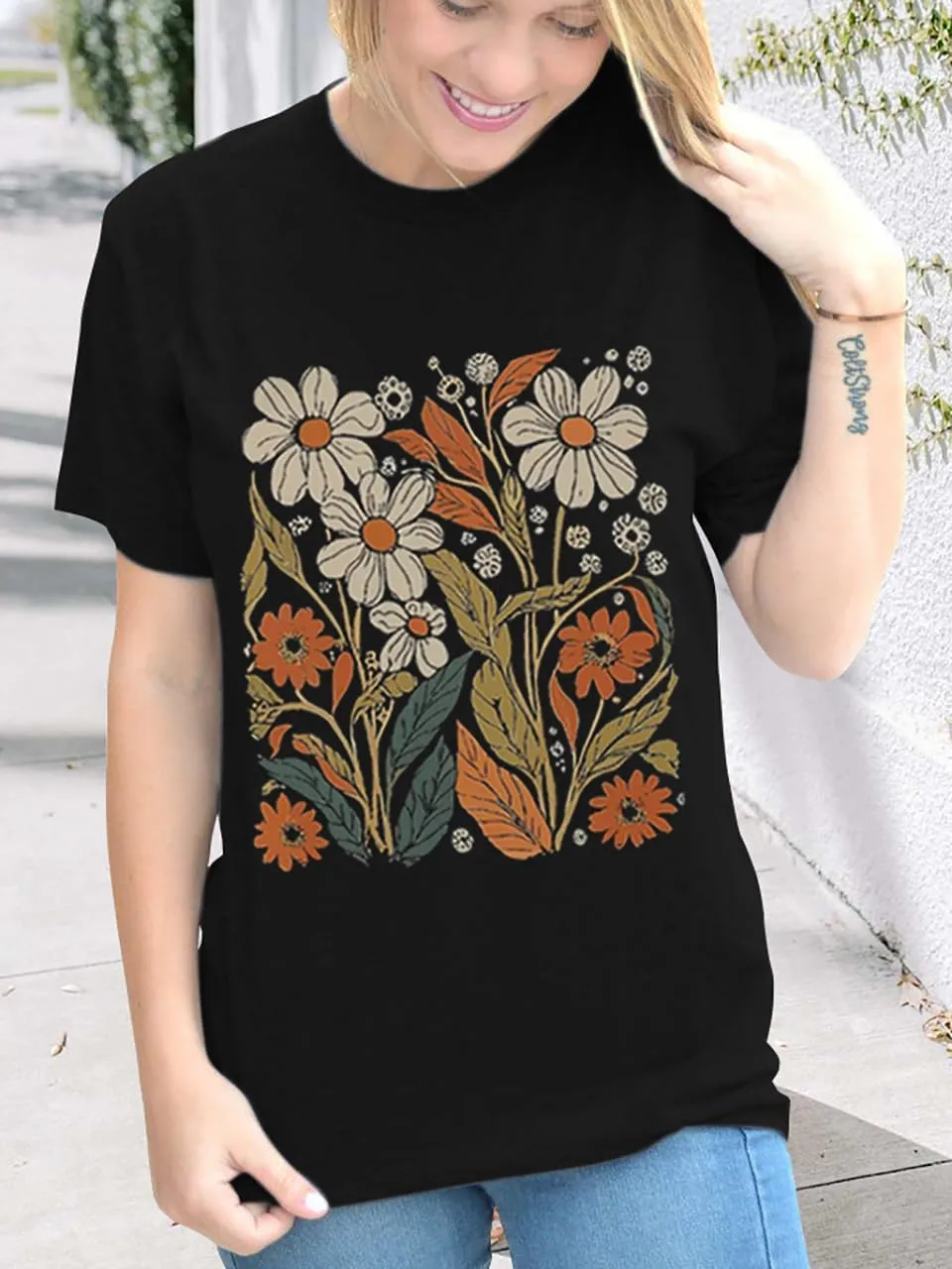 Women Boho Wildflower Shirts Funny Flower Plant T Shirt Cute Daisy Graphic Tees Short Sleev Vacation Tops