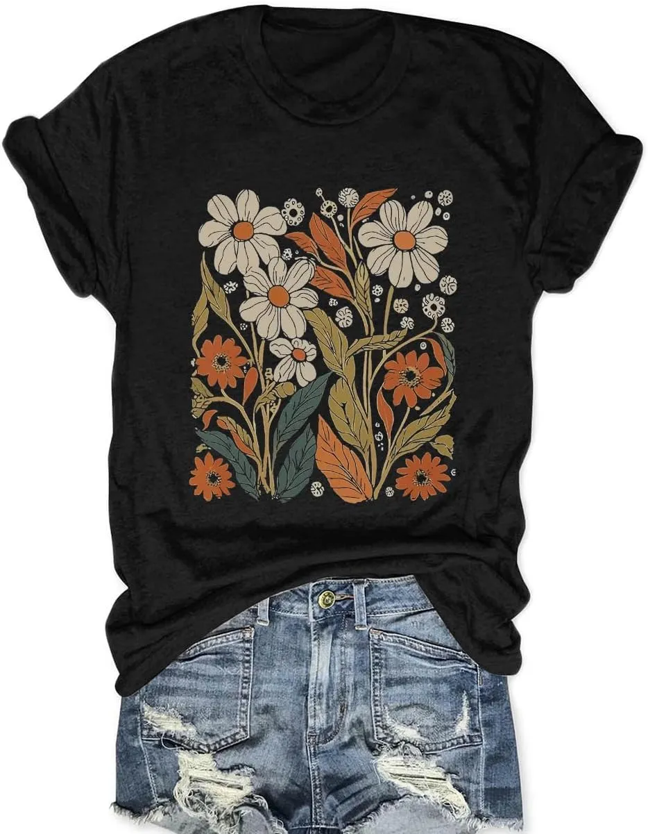 Women Boho Wildflower Shirts Funny Flower Plant T Shirt Cute Daisy Graphic Tees Short Sleev Vacation Tops