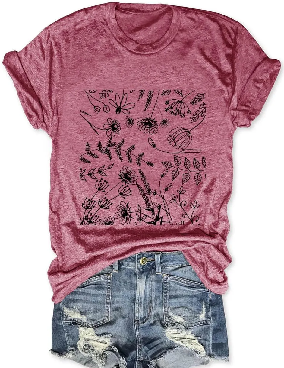 Women Boho Wildflower Shirts Funny Flower Plant T Shirt Cute Daisy Graphic Tees Short Sleev Vacation Tops