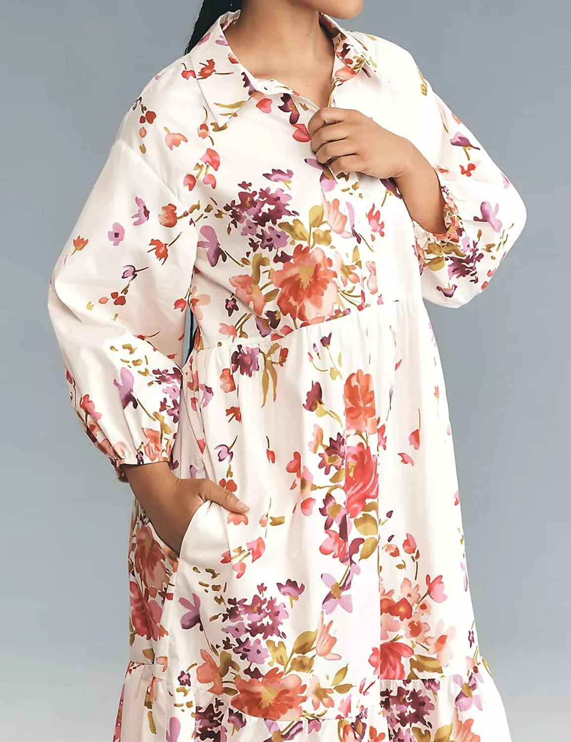 Women Casual 3/4 Puff Sleeve Polo V Neck Floral Printed Maxi Shirt Dress Button Down Tiered Loose Flowy Long Dress
