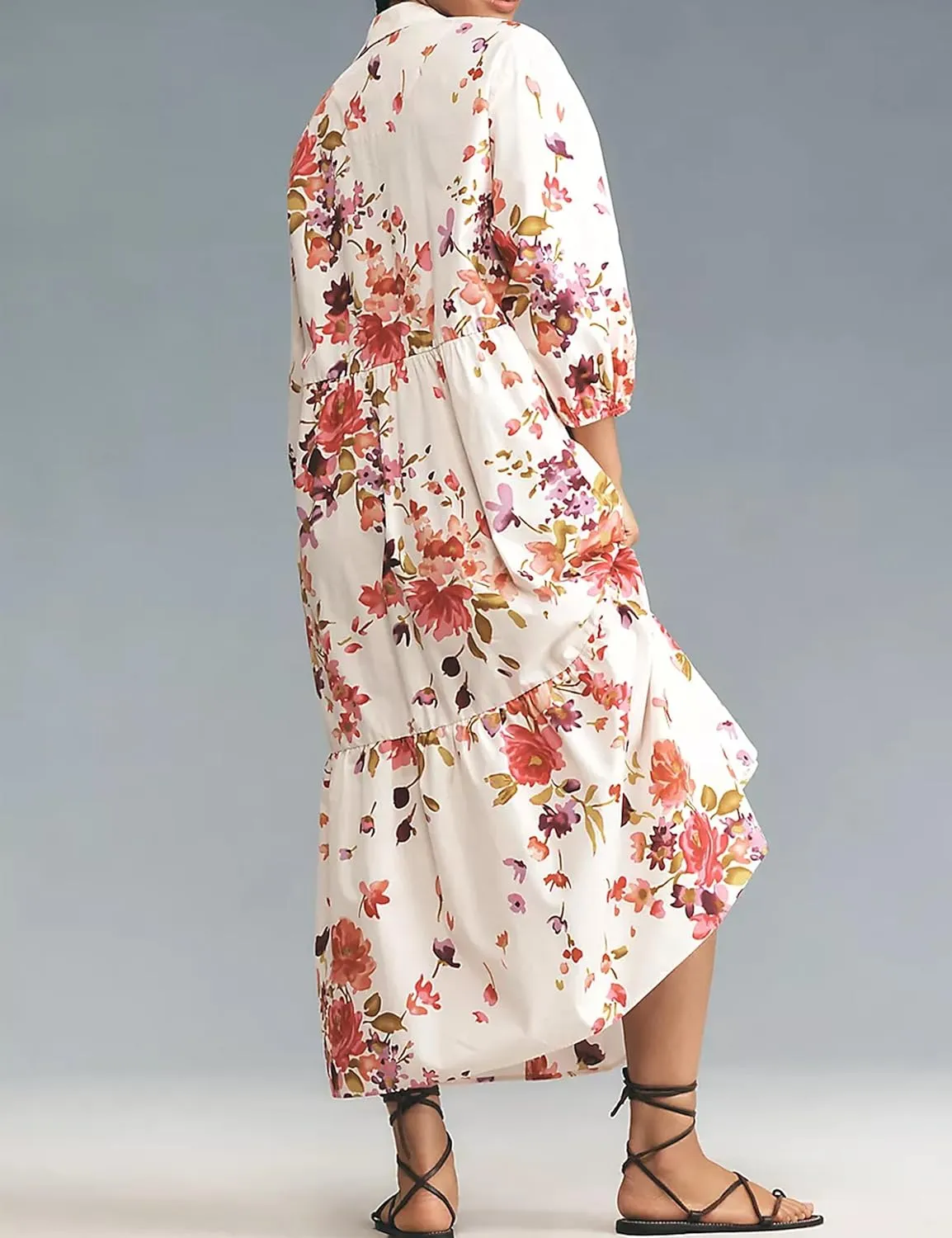 Women Casual 3/4 Puff Sleeve Polo V Neck Floral Printed Maxi Shirt Dress Button Down Tiered Loose Flowy Long Dress