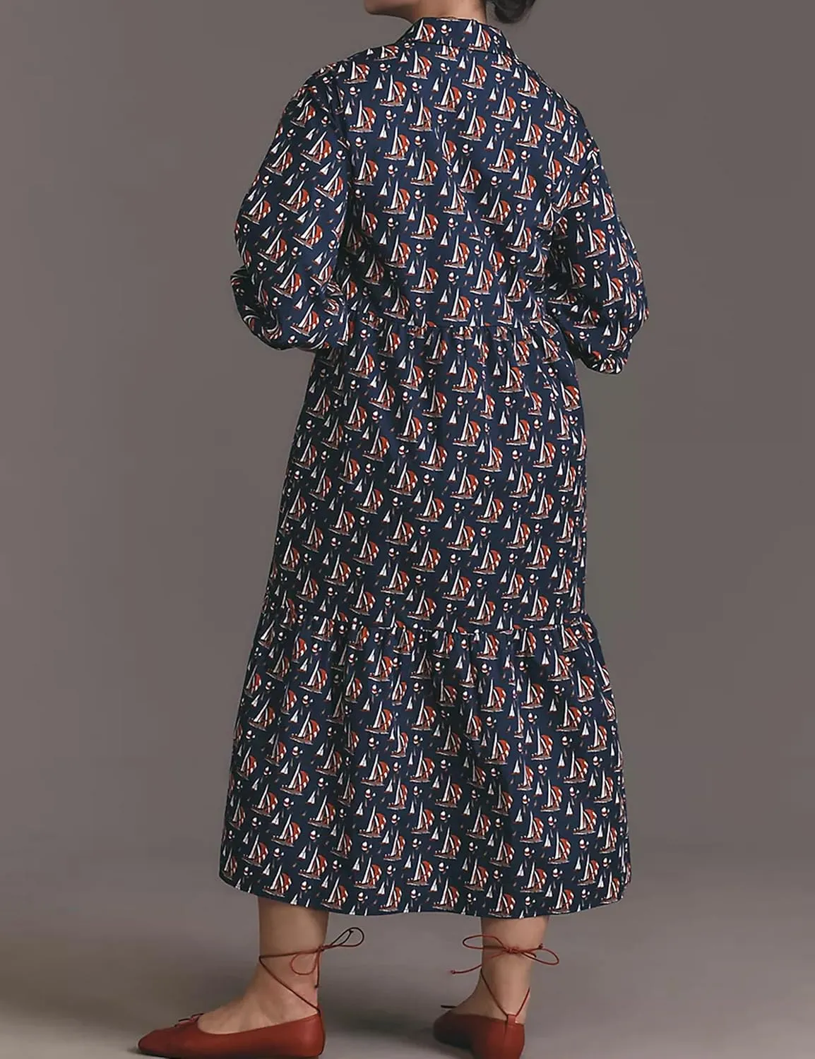 Women Casual 3/4 Puff Sleeve Polo V Neck Floral Printed Maxi Shirt Dress Button Down Tiered Loose Flowy Long Dress