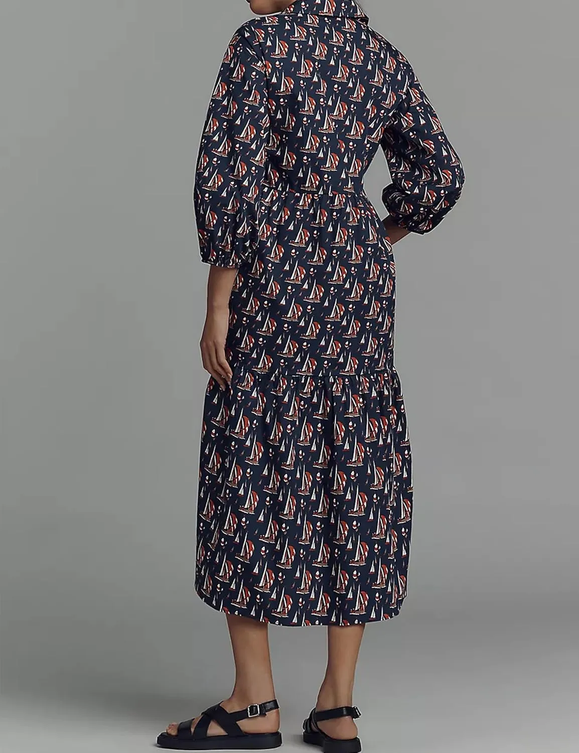 Women Casual 3/4 Puff Sleeve Polo V Neck Floral Printed Maxi Shirt Dress Button Down Tiered Loose Flowy Long Dress