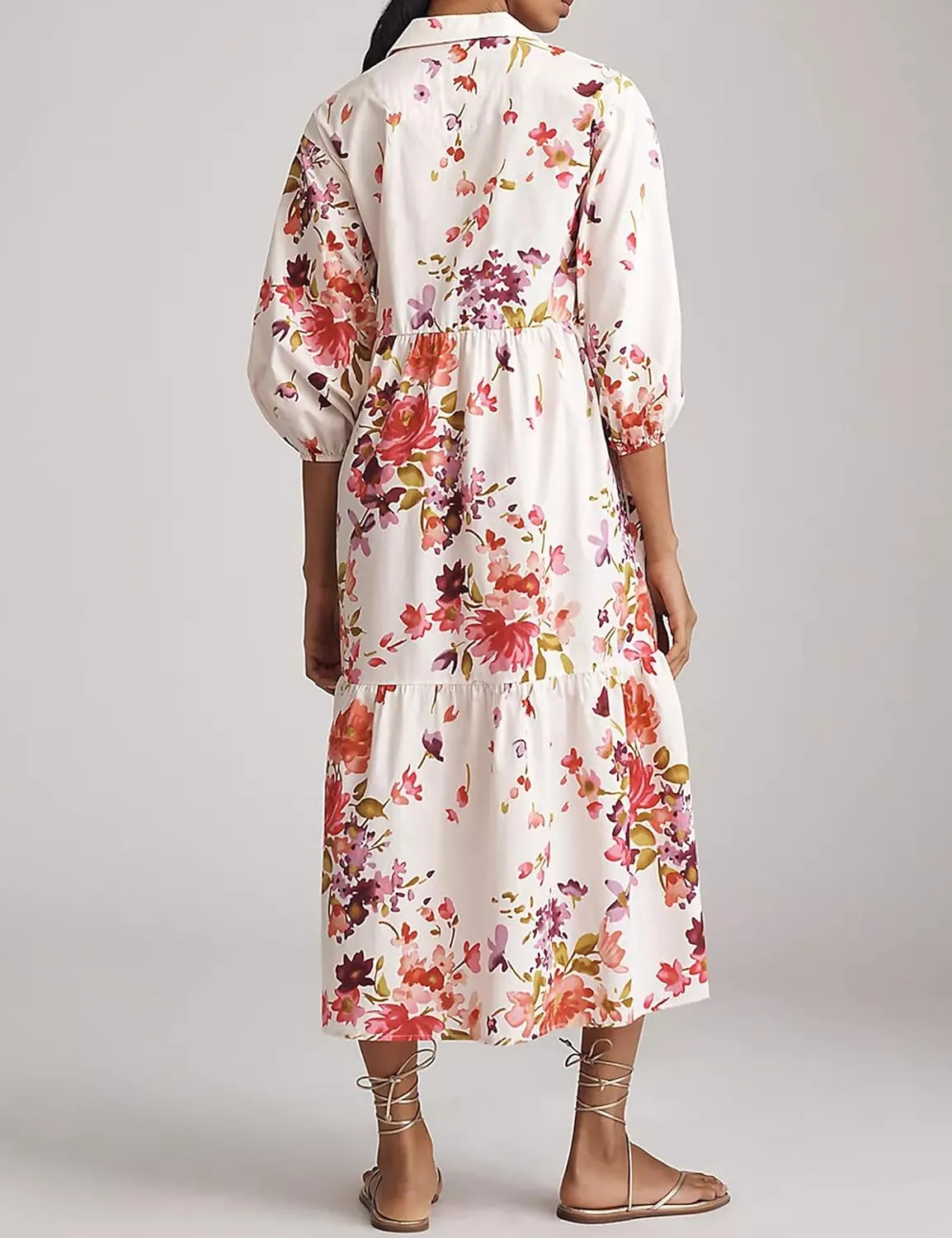 Women Casual 3/4 Puff Sleeve Polo V Neck Floral Printed Maxi Shirt Dress Button Down Tiered Loose Flowy Long Dress