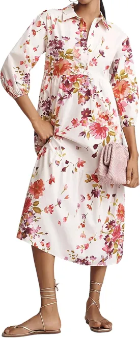 Women Casual 3/4 Puff Sleeve Polo V Neck Floral Printed Maxi Shirt Dress Button Down Tiered Loose Flowy Long Dress