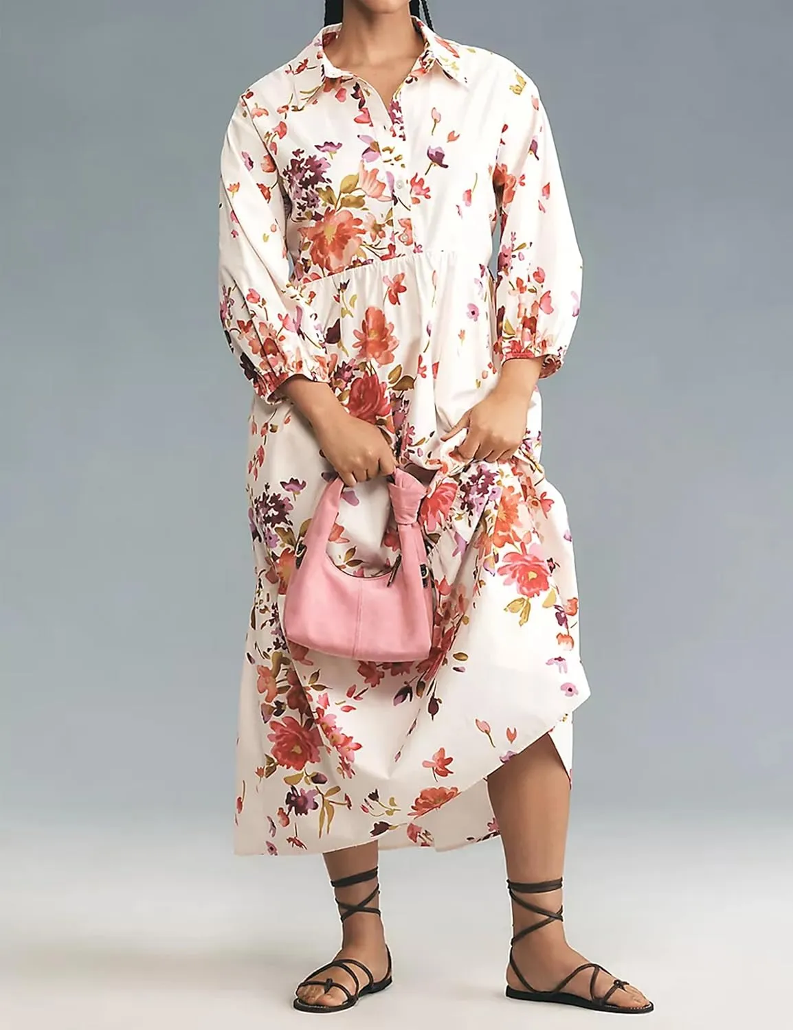 Women Casual 3/4 Puff Sleeve Polo V Neck Floral Printed Maxi Shirt Dress Button Down Tiered Loose Flowy Long Dress