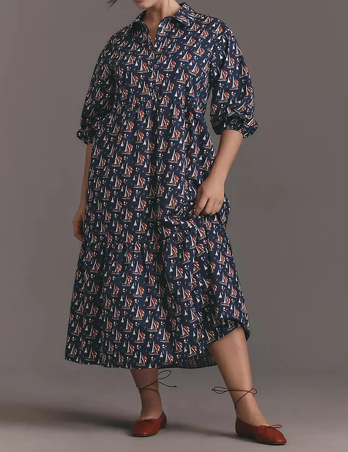 Women Casual 3/4 Puff Sleeve Polo V Neck Floral Printed Maxi Shirt Dress Button Down Tiered Loose Flowy Long Dress
