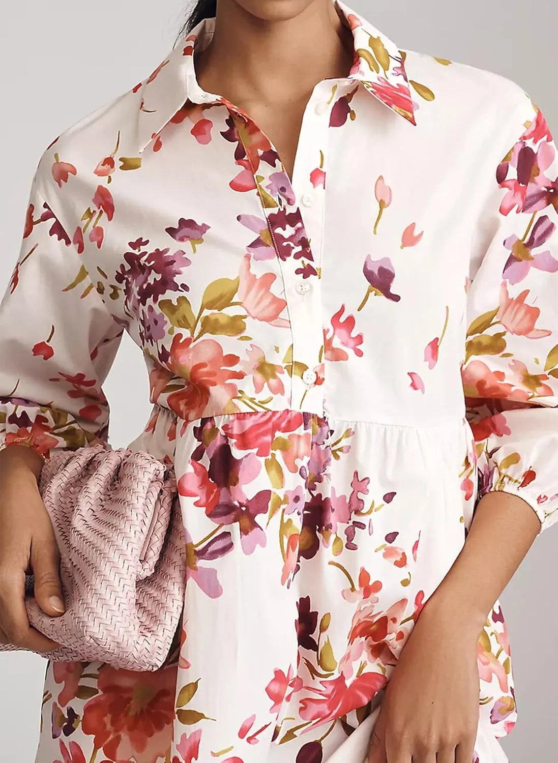 Women Casual 3/4 Puff Sleeve Polo V Neck Floral Printed Maxi Shirt Dress Button Down Tiered Loose Flowy Long Dress