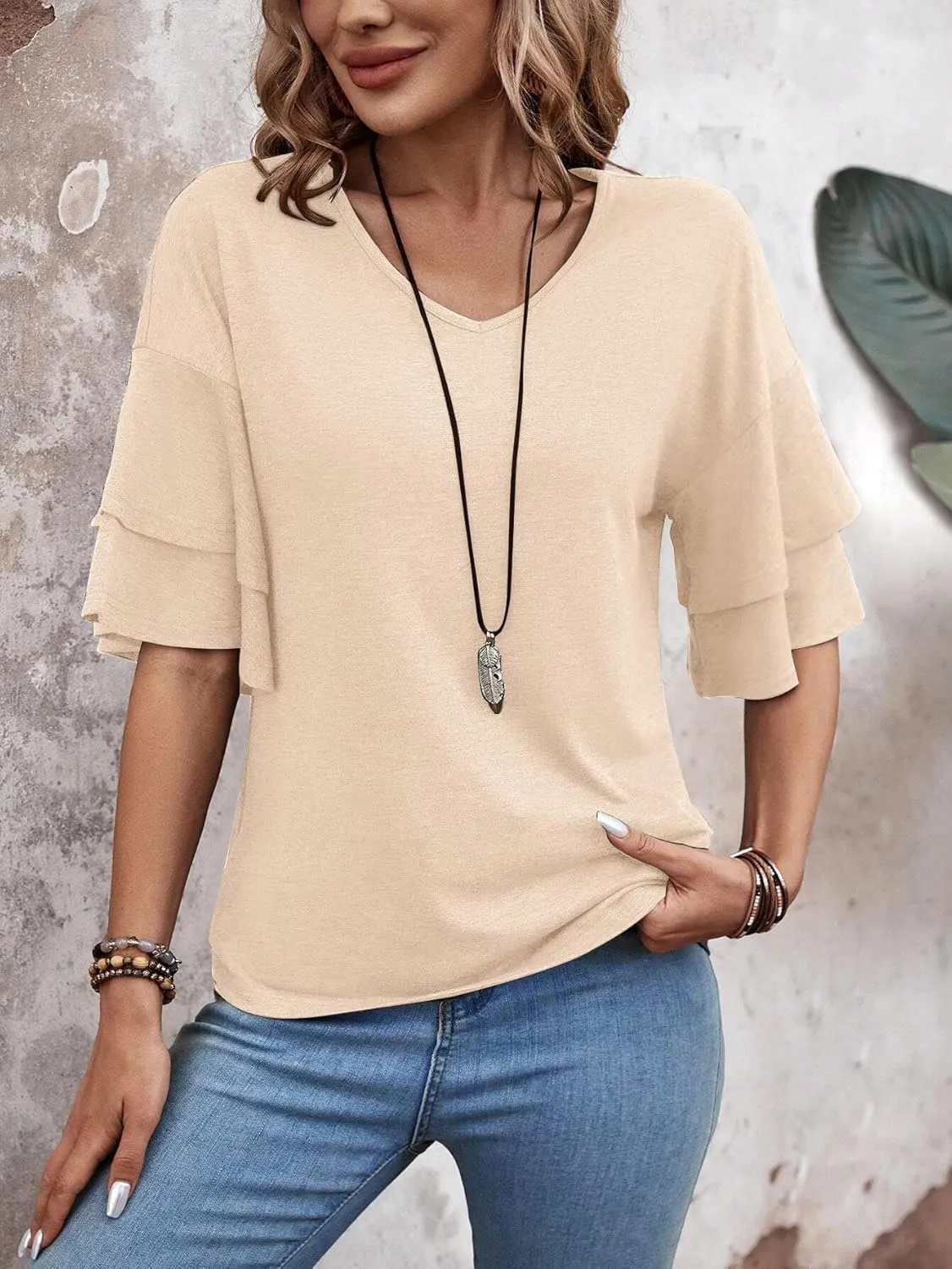 Womens Blouses Ruffle Short Sleeve T Shirts V Neck Double Tiered Bell Sleeve Top Spring Summer Fashion Clothes Cute Tunic