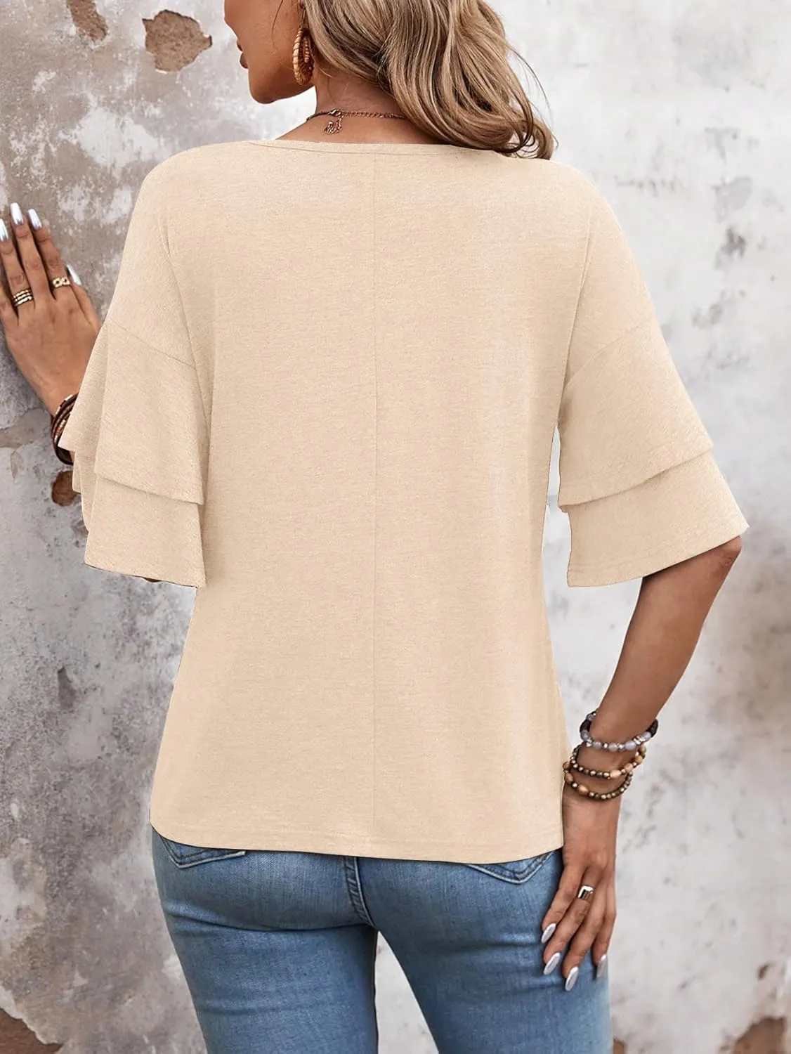 Womens Blouses Ruffle Short Sleeve T Shirts V Neck Double Tiered Bell Sleeve Top Spring Summer Fashion Clothes Cute Tunic