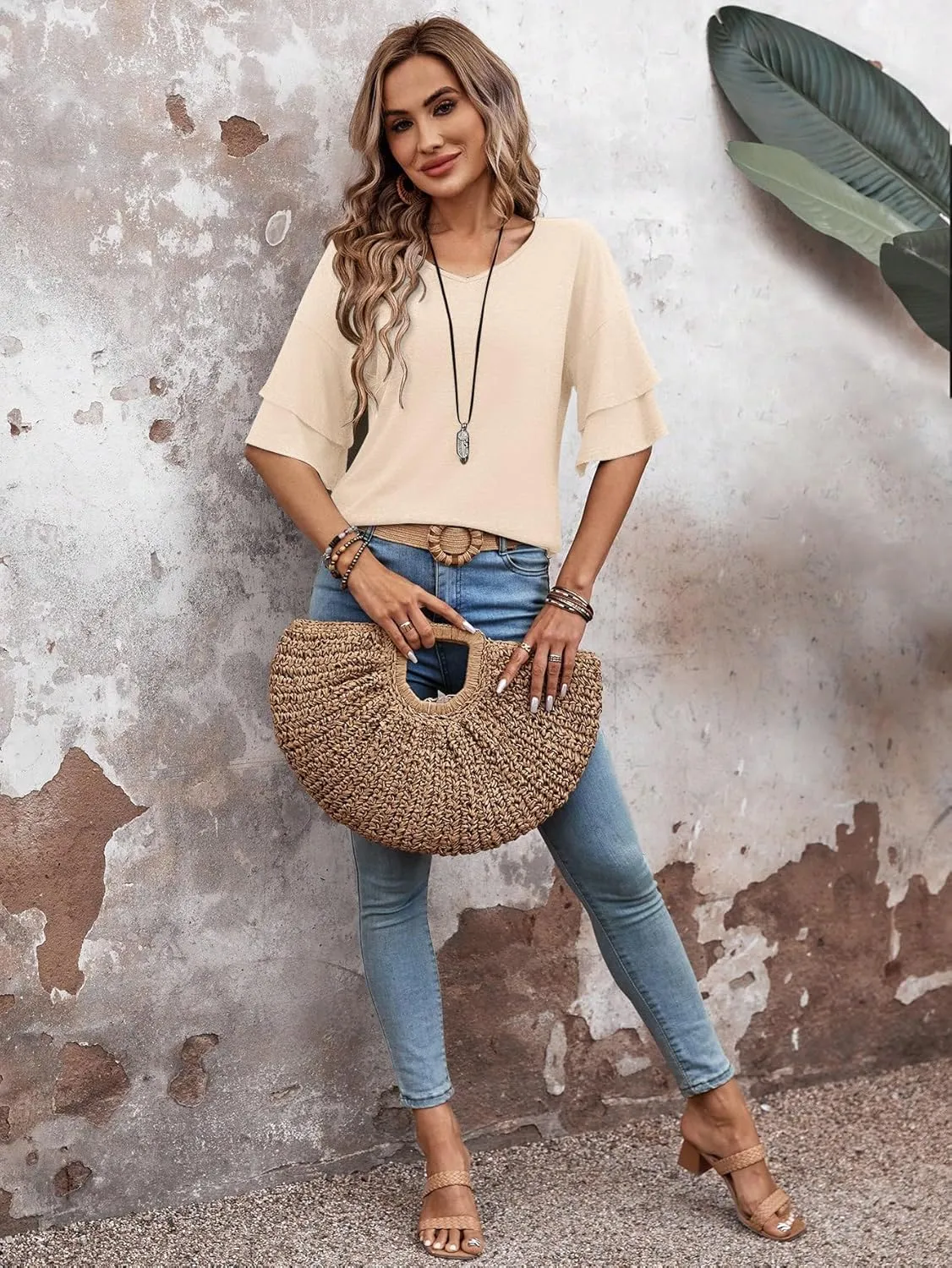 Womens Blouses Ruffle Short Sleeve T Shirts V Neck Double Tiered Bell Sleeve Top Spring Summer Fashion Clothes Cute Tunic