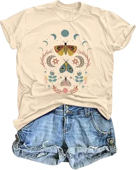 Women's Boho Butterflies Shirts Moon Moth Flower Tshirt Botanical Bee Print Tee Nature Lovers Tops