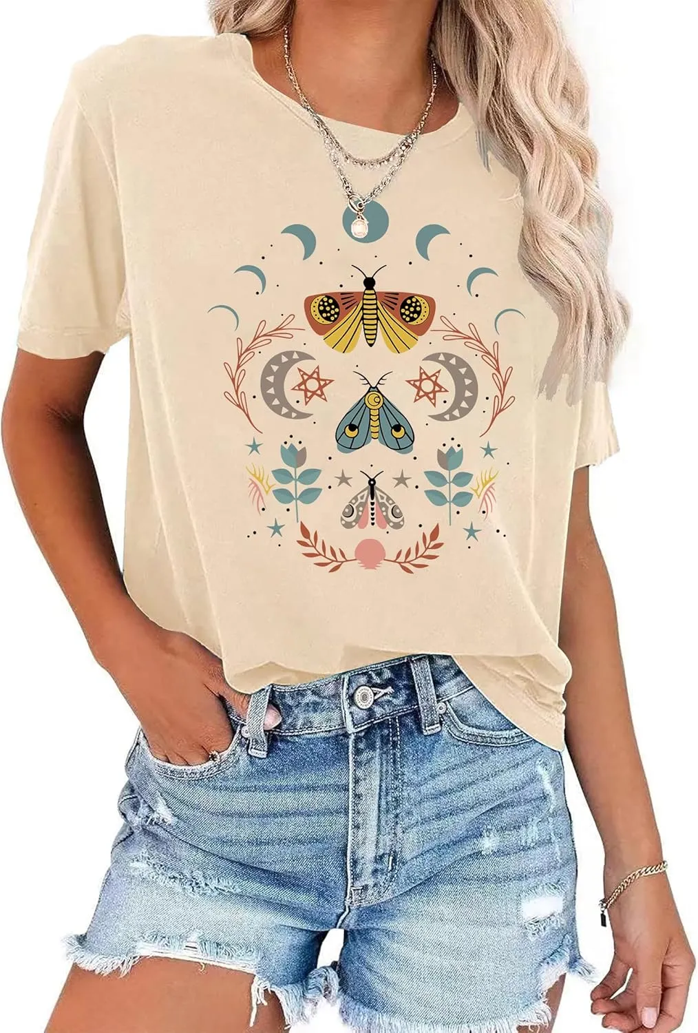 Women's Boho Butterflies Shirts Moon Moth Flower Tshirt Botanical Bee Print Tee Nature Lovers Tops