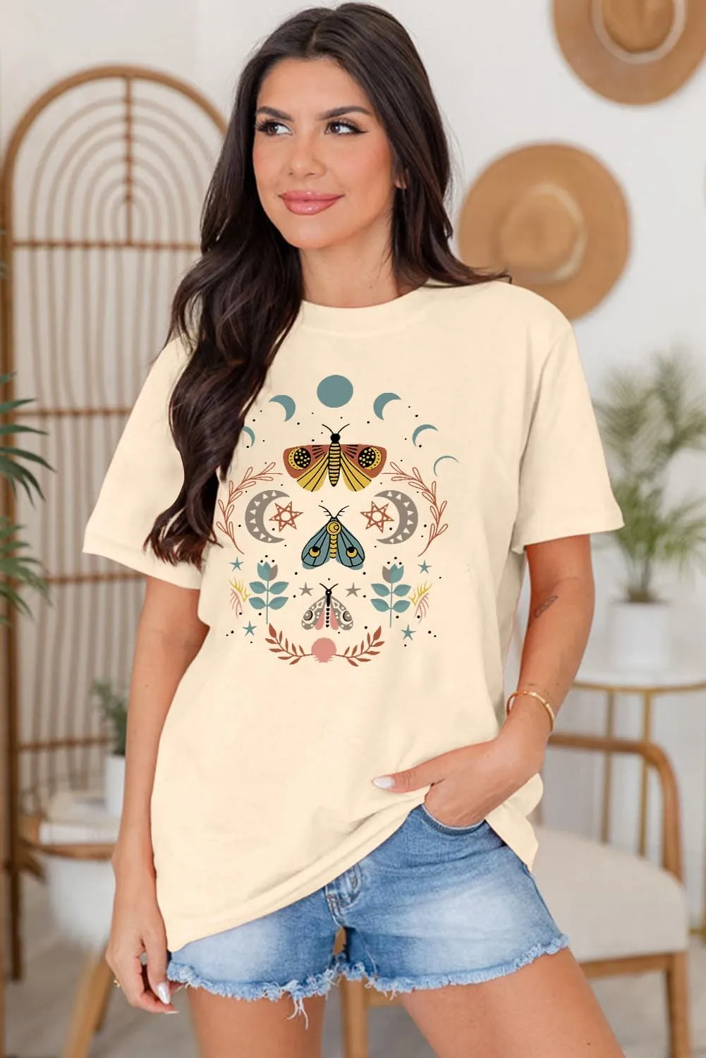 Women's Boho Butterflies Shirts Moon Moth Flower Tshirt Botanical Bee Print Tee Nature Lovers Tops