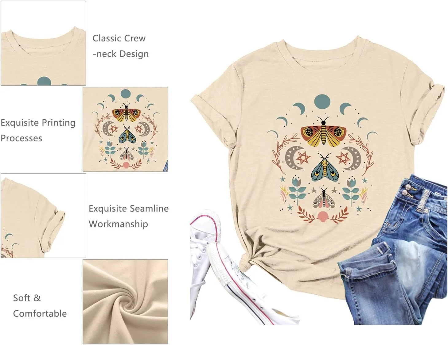 Women's Boho Butterflies Shirts Moon Moth Flower Tshirt Botanical Bee Print Tee Nature Lovers Tops