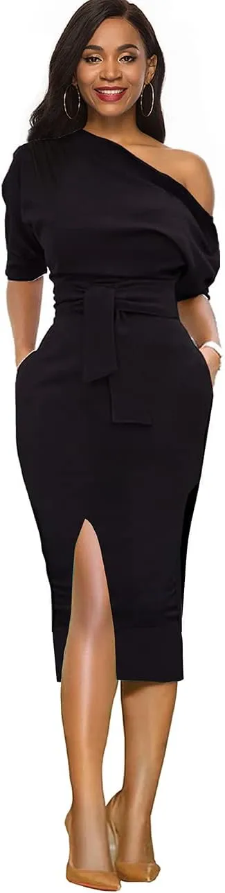 Womens Classy Off Shoulder Short Sleeve Belted Side Slit Midi Pencil Dress with Pockets