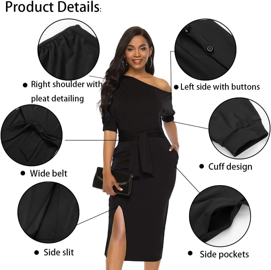 Womens Classy Off Shoulder Short Sleeve Belted Side Slit Midi Pencil Dress with Pockets
